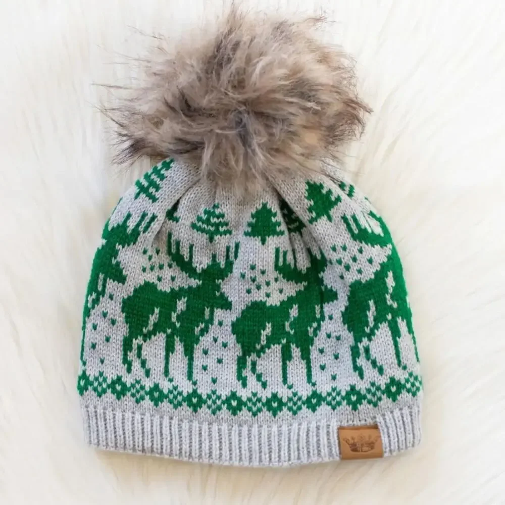 PANACHE Light Gray & Green Reindeer Pom Pom Beanie Hat
